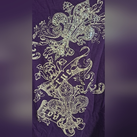 Blu Chic Rhinestone Sheer Attached Sleeve Purple and Black Women's Top - Picture 3 of 5